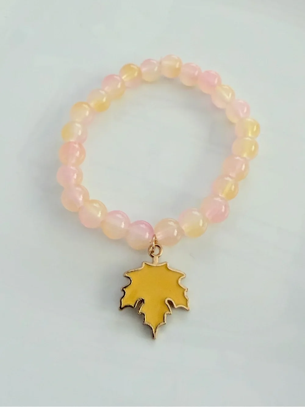 Pastel Pink & Yellow Beaded Bracelet with Gold Leaf Charm Fall Handmade Jewelry